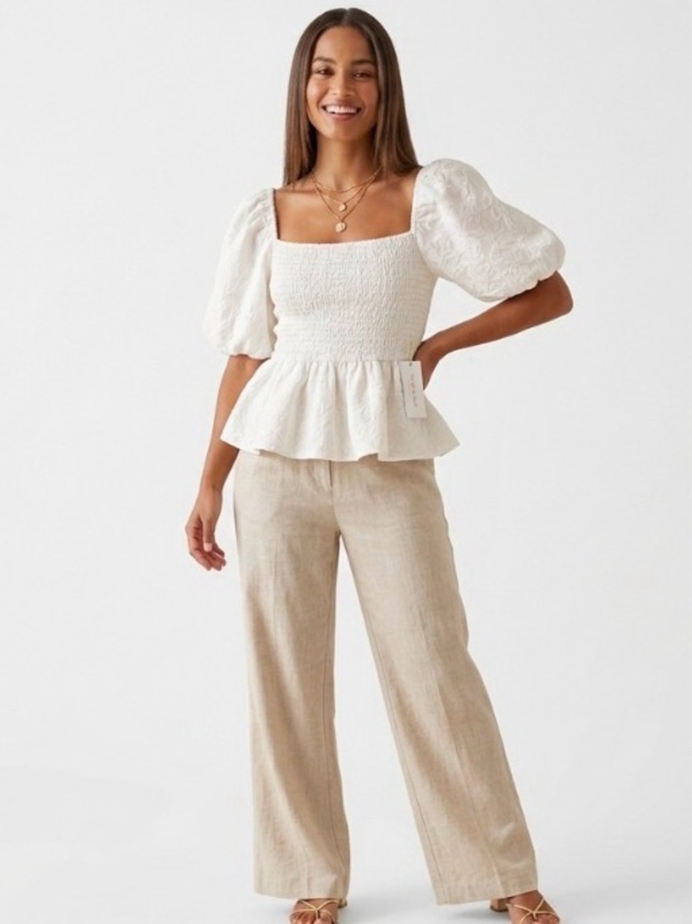 ✨ Strut & Bolt Ivory Textured Peplum Puff Sleeve Blouse Large